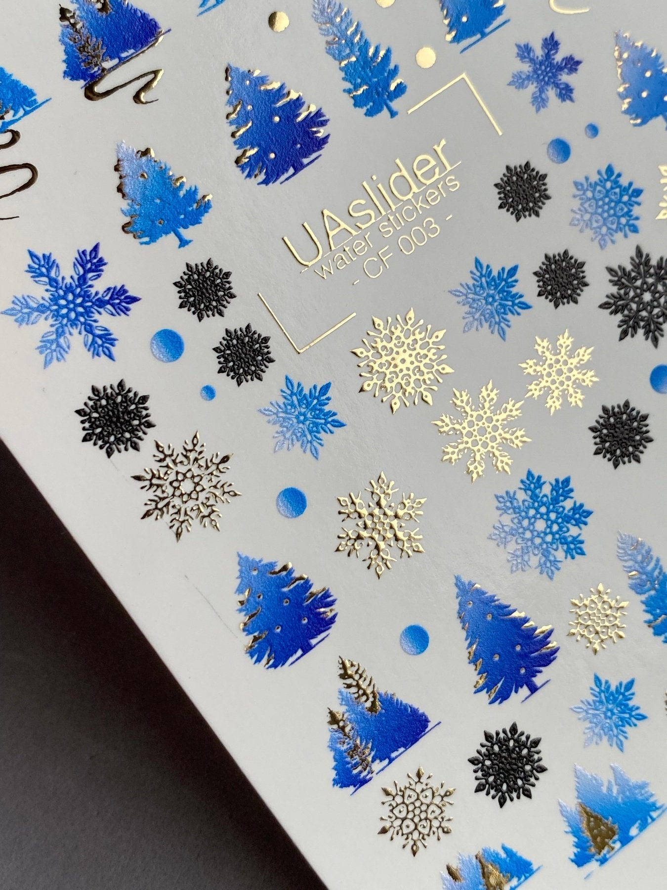 Nail Water Decal CF-003 | Winter Water Slide Nail Decals, Blue Christmas Trees & Snowflakes with Gold Foil - UASLIDER