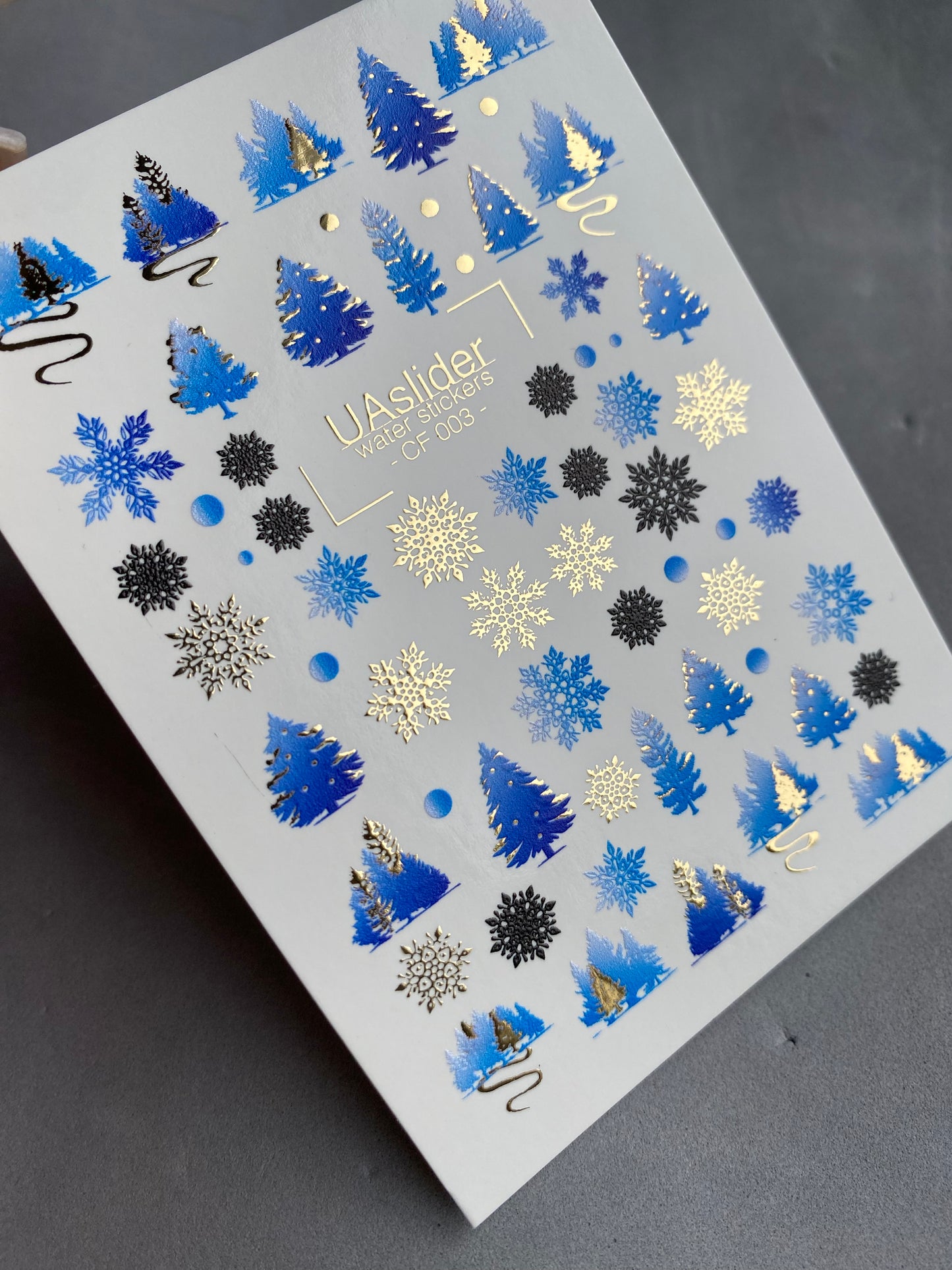 Nail Water Decal CF-003 | Winter Water Slide Nail Decals, Blue Christmas Trees & Snowflakes with Gold Foil