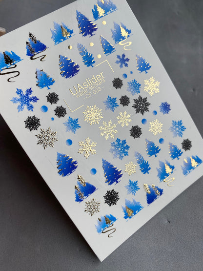 Nail Water Decal CF-003 | Winter Water Slide Nail Decals, Blue Christmas Trees & Snowflakes with Gold Foil