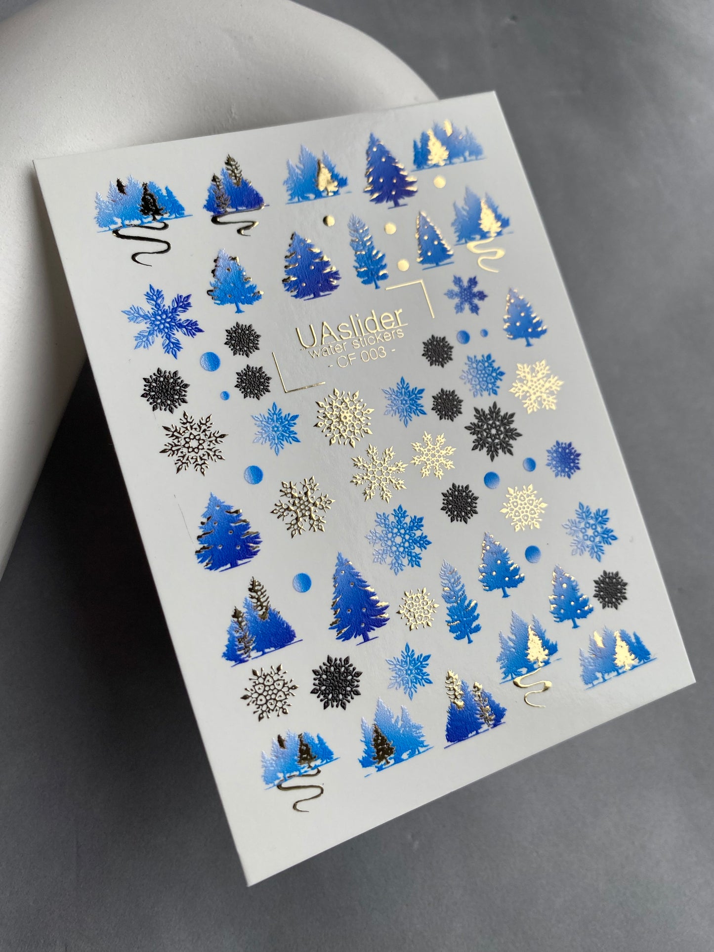 Nail Water Decal CF-003 | Winter Water Slide Nail Decals, Blue Christmas Trees & Snowflakes with Gold Foil