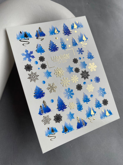 Nail Water Decal CF-003 | Winter Water Slide Nail Decals, Blue Christmas Trees & Snowflakes with Gold Foil