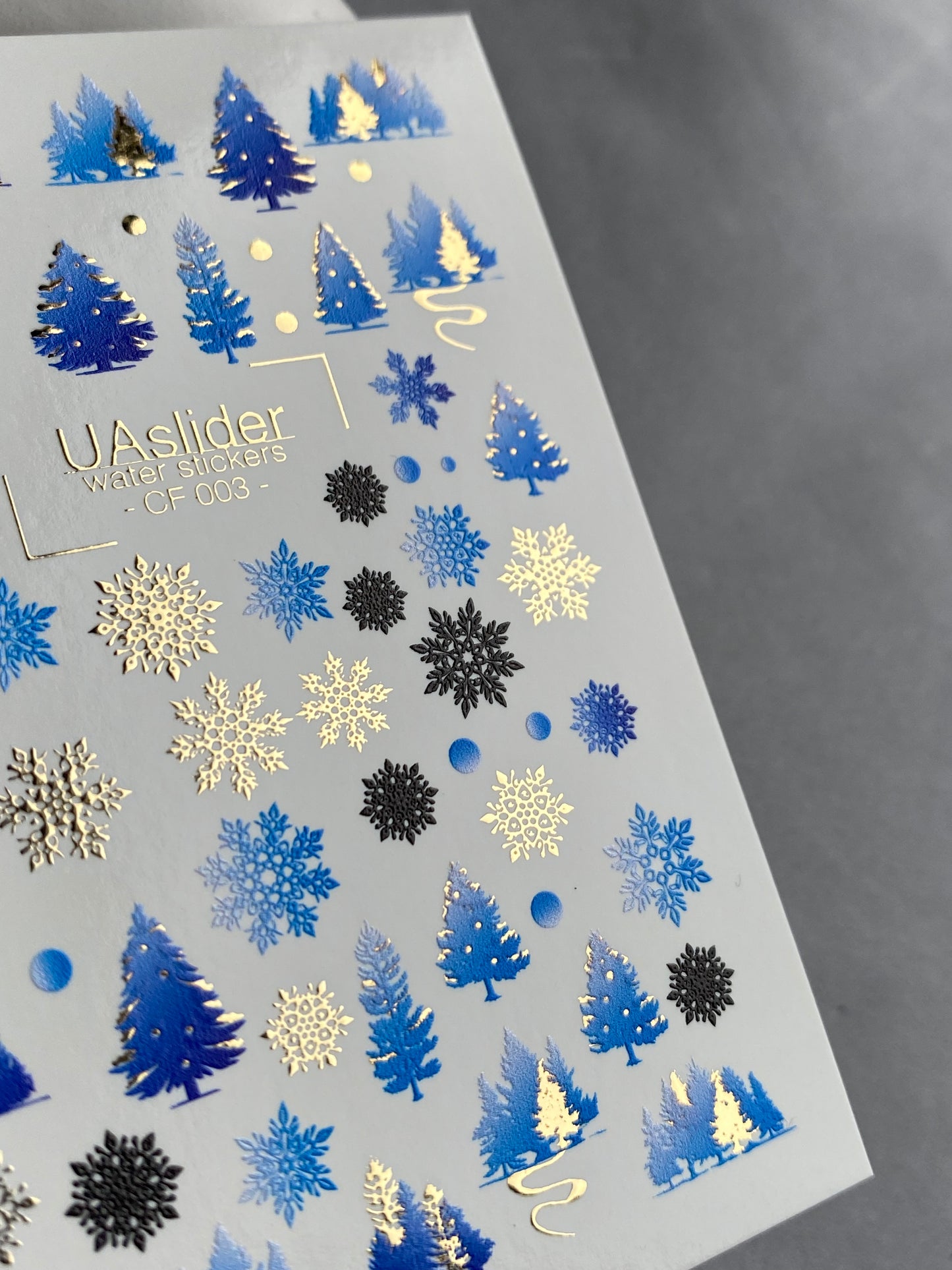 Nail Water Decal CF-003 | Winter Water Slide Nail Decals, Blue Christmas Trees & Snowflakes with Gold Foil
