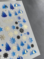 Nail Water Decal CF-003 | Winter Water Slide Nail Decals, Blue Christmas Trees & Snowflakes with Gold Foil - UASLIDER