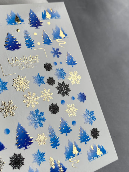 Nail Water Decal CF-003 | Winter Water Slide Nail Decals, Blue Christmas Trees & Snowflakes with Gold Foil