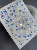 Nail Water Decal CF-011 | Winter Water Slide Nail Decals, Blue Snowflakes with Gold Foil Geometric Accents - UASLIDER