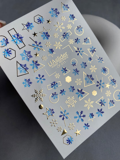 Nail Water Decal CF-011 | Winter Water Slide Nail Decals, Blue Snowflakes with Gold Foil Geometric Accents