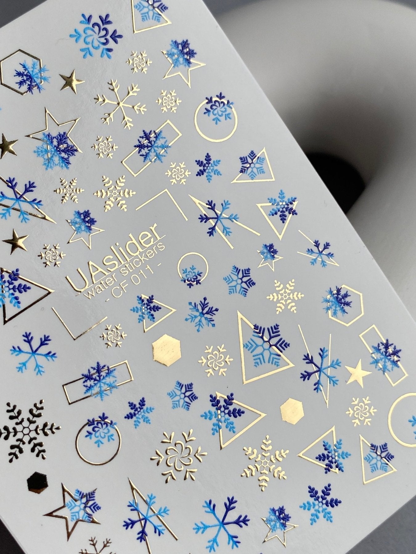 Nail Water Decal CF-011 | Winter Water Slide Nail Decals, Blue Snowflakes with Gold Foil Geometric Accents - UASLIDER