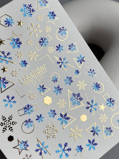 Nail Water Decal CF-011 | Winter Water Slide Nail Decals, Blue Snowflakes with Gold Foil Geometric Accents