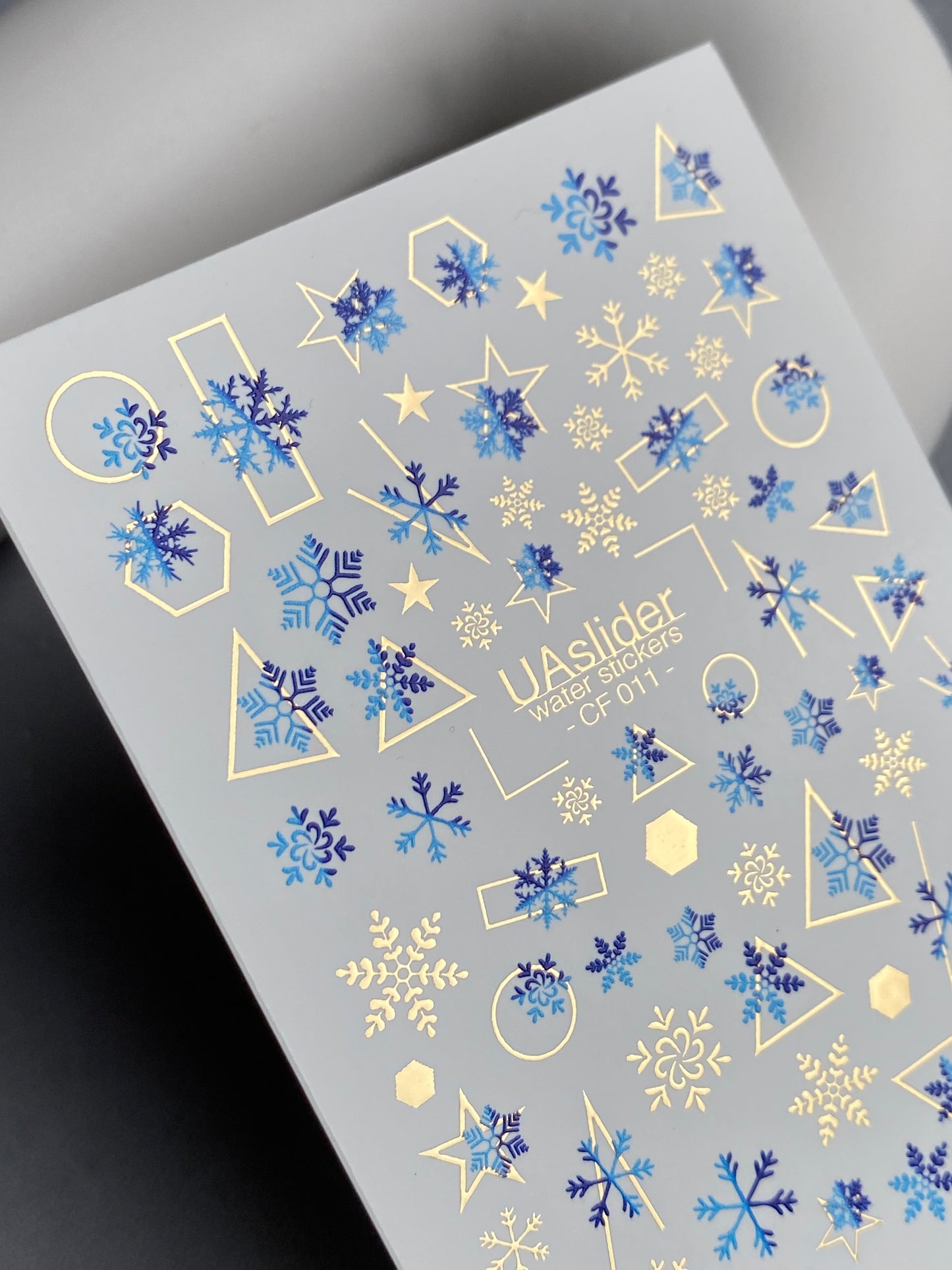 Nail Water Decal CF-011 | Winter Water Slide Nail Decals, Blue Snowflakes with Gold Foil Geometric Accents