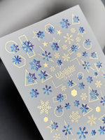 Nail Water Decal CF-011 | Winter Water Slide Nail Decals, Blue Snowflakes with Gold Foil Geometric Accents - UASLIDER