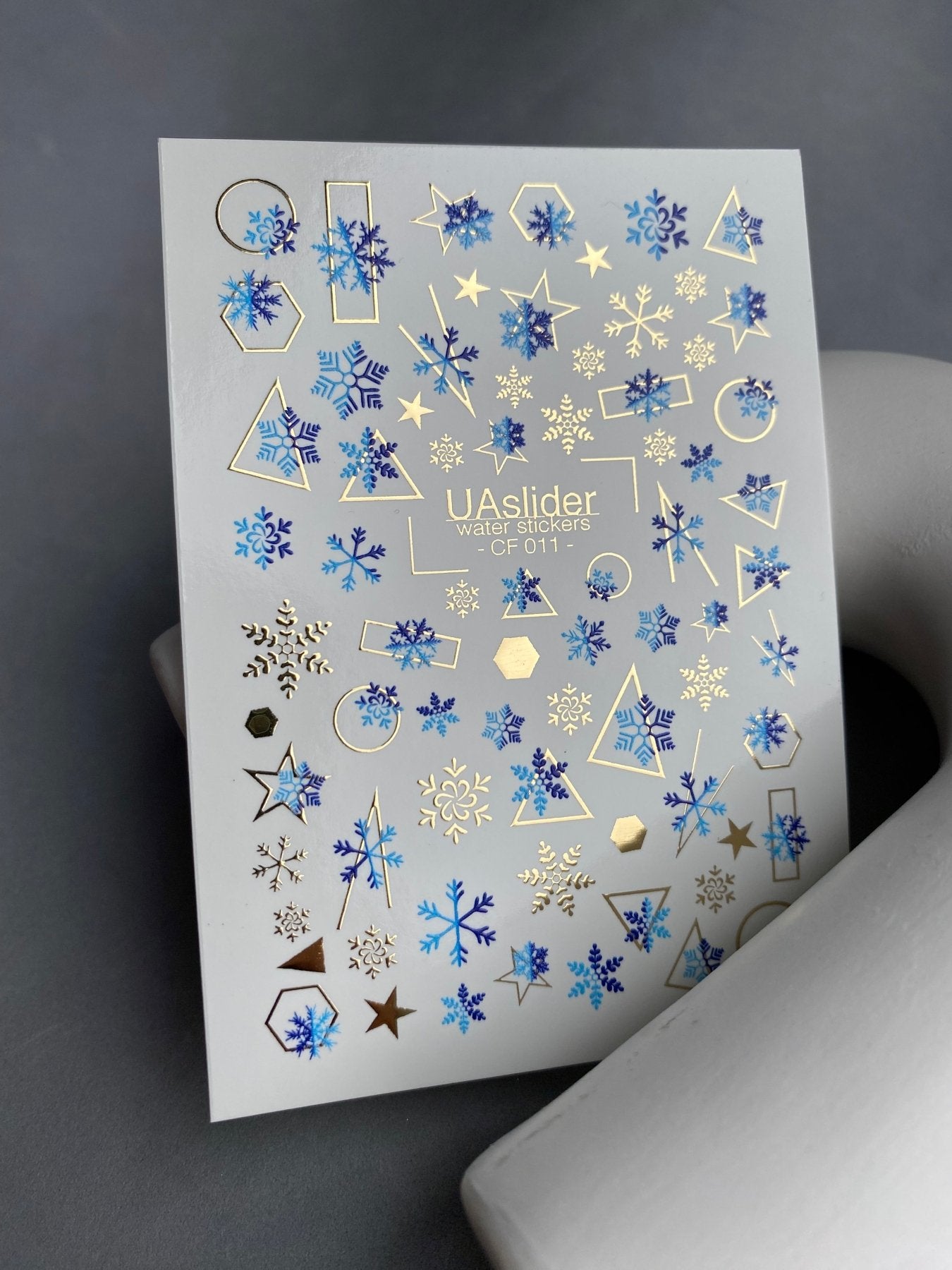 Nail Water Decal CF-011 | Winter Water Slide Nail Decals, Blue Snowflakes with Gold Foil Geometric Accents - UASLIDER