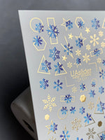 Nail Water Decal CF-011 | Winter Water Slide Nail Decals, Blue Snowflakes with Gold Foil Geometric Accents - UASLIDER