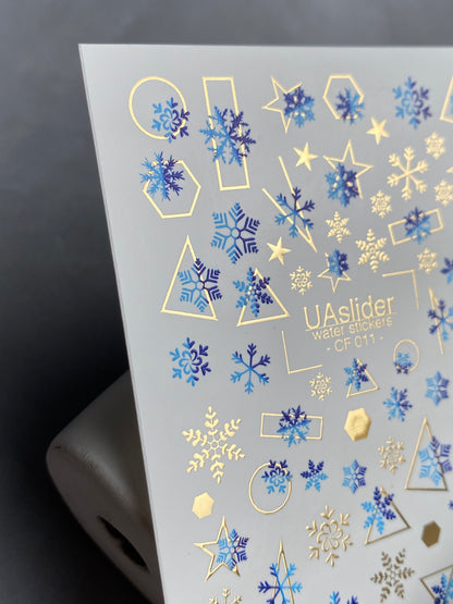 Nail Water Decal CF-011 | Winter Water Slide Nail Decals, Blue Snowflakes with Gold Foil Geometric Accents