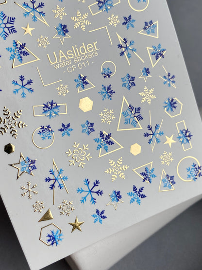 Nail Water Decal CF-011 | Winter Water Slide Nail Decals, Blue Snowflakes with Gold Foil Geometric Accents