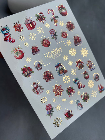 Nail Water Decal CF-029 | Festive Christmas Nail Water Decals with Gold Foil | Ornaments, Snowflakes and Sweets