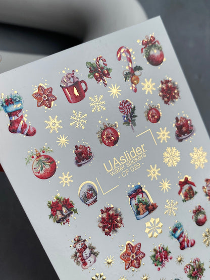 Nail Water Decal CF-029 | Festive Christmas Nail Water Decals with Gold Foil | Ornaments, Snowflakes and Sweets