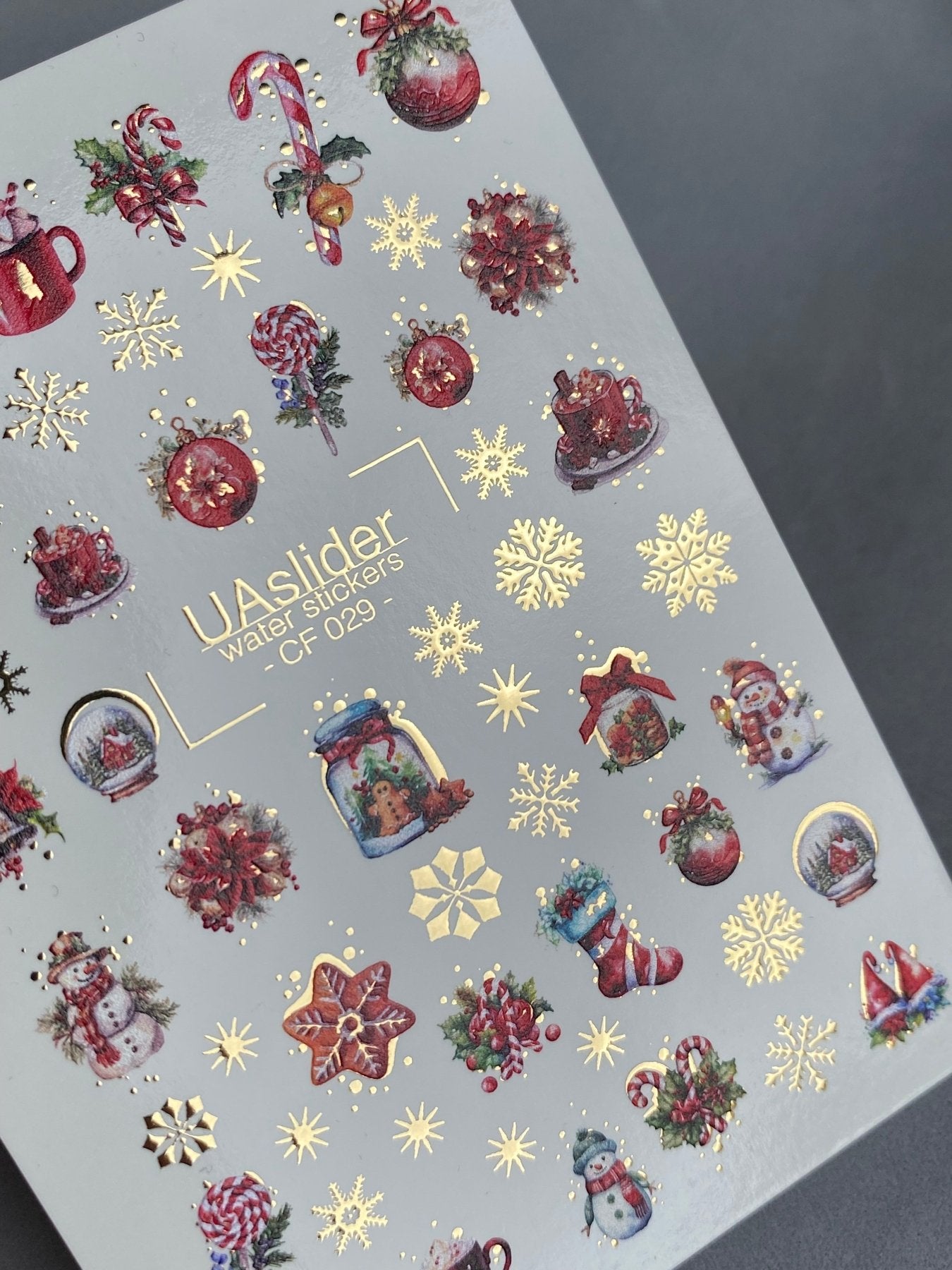 Nail Water Decal CF-029 | Festive Christmas Nail Water Decals with Gold Foil | Ornaments, Snowflakes and Sweets - UASLIDER