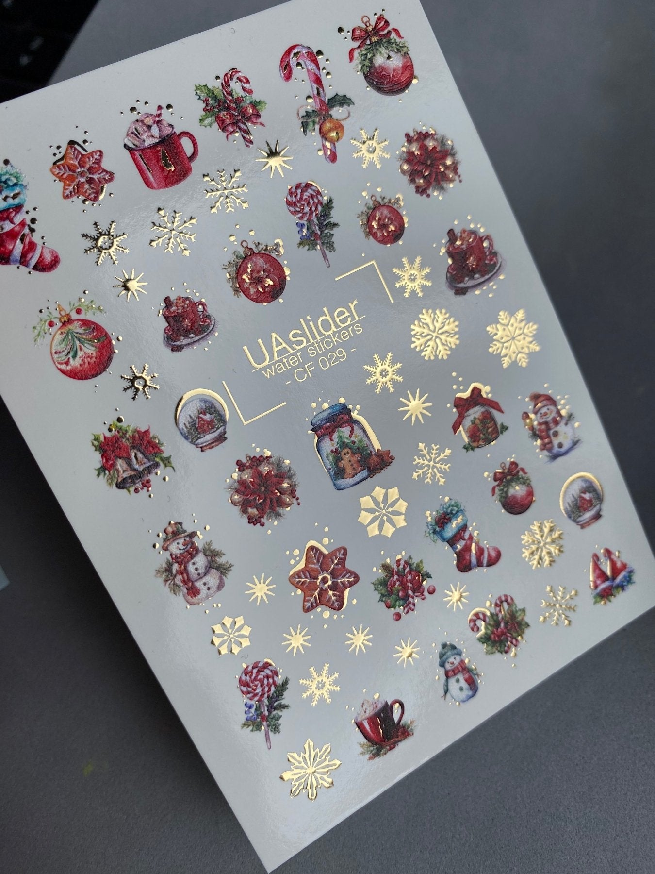 Nail Water Decal CF-029 | Festive Christmas Nail Water Decals with Gold Foil | Ornaments, Snowflakes and Sweets - UASLIDER