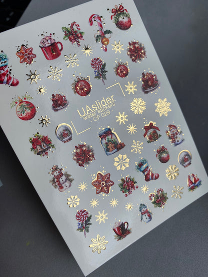 Nail Water Decal CF-029 | Festive Christmas Nail Water Decals with Gold Foil | Ornaments, Snowflakes and Sweets