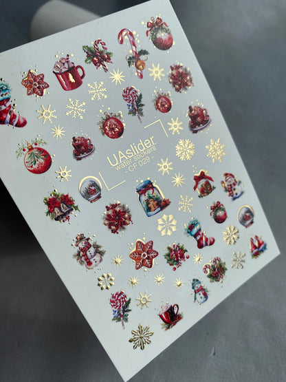 Nail Water Decal CF-029 | Festive Christmas Nail Water Decals with Gold Foil | Ornaments, Snowflakes and Sweets