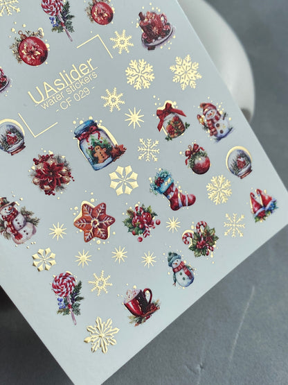 Nail Water Decal CF-029 | Festive Christmas Nail Water Decals with Gold Foil | Ornaments, Snowflakes and Sweets