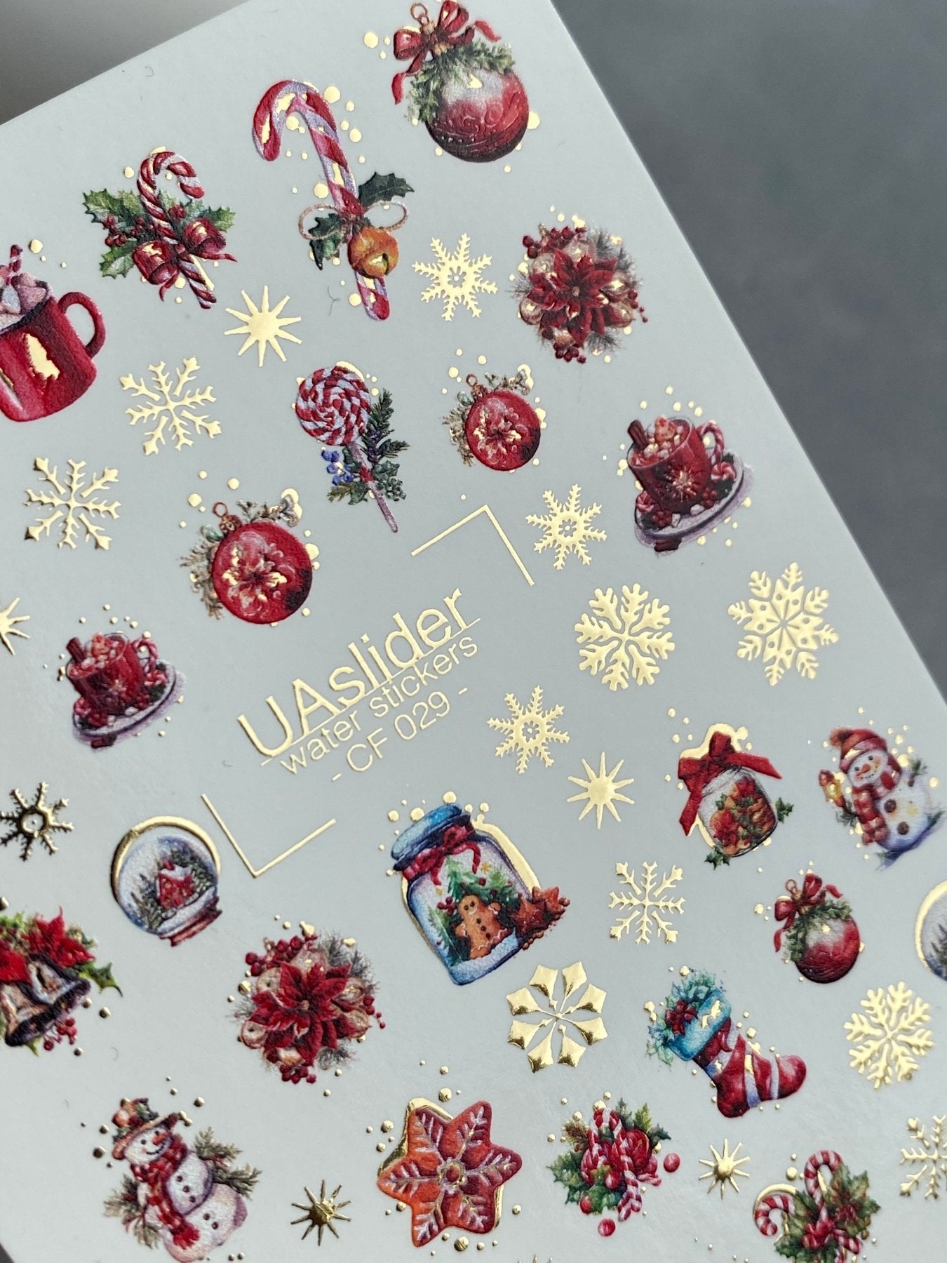 Nail Water Decal CF-029 | Festive Christmas Nail Water Decals with Gold Foil | Ornaments, Snowflakes and Sweets - UASLIDER