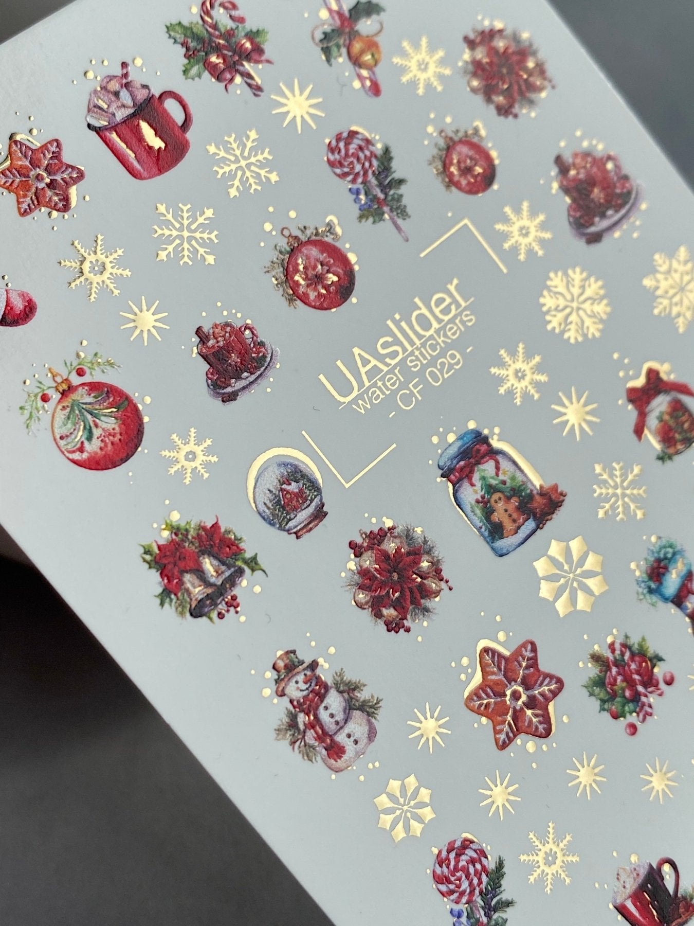 Nail Water Decal CF-029 | Festive Christmas Nail Water Decals with Gold Foil | Ornaments, Snowflakes and Sweets - UASLIDER