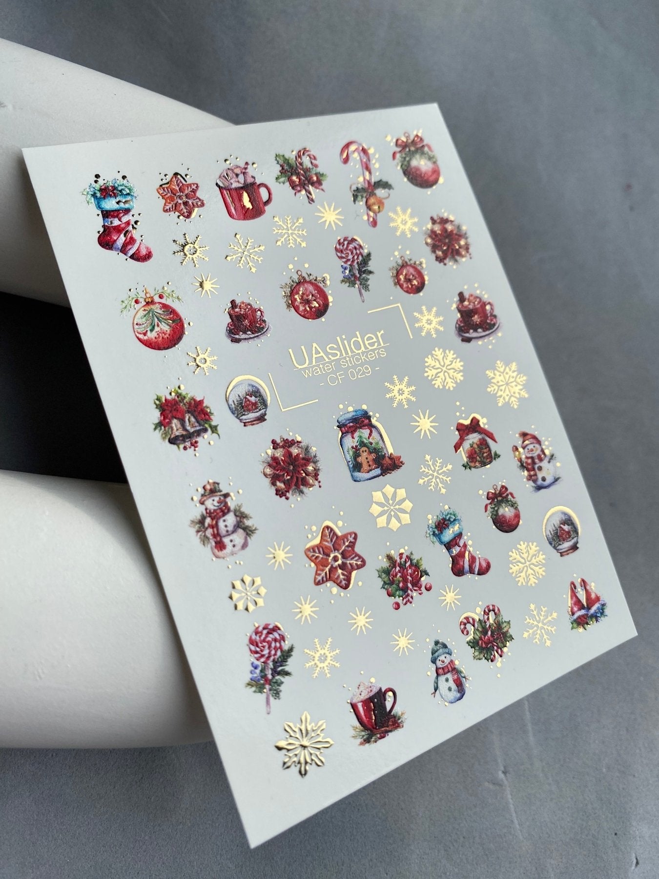 Nail Water Decal CF-029 | Festive Christmas Nail Water Decals with Gold Foil | Ornaments, Snowflakes and Sweets - UASLIDER