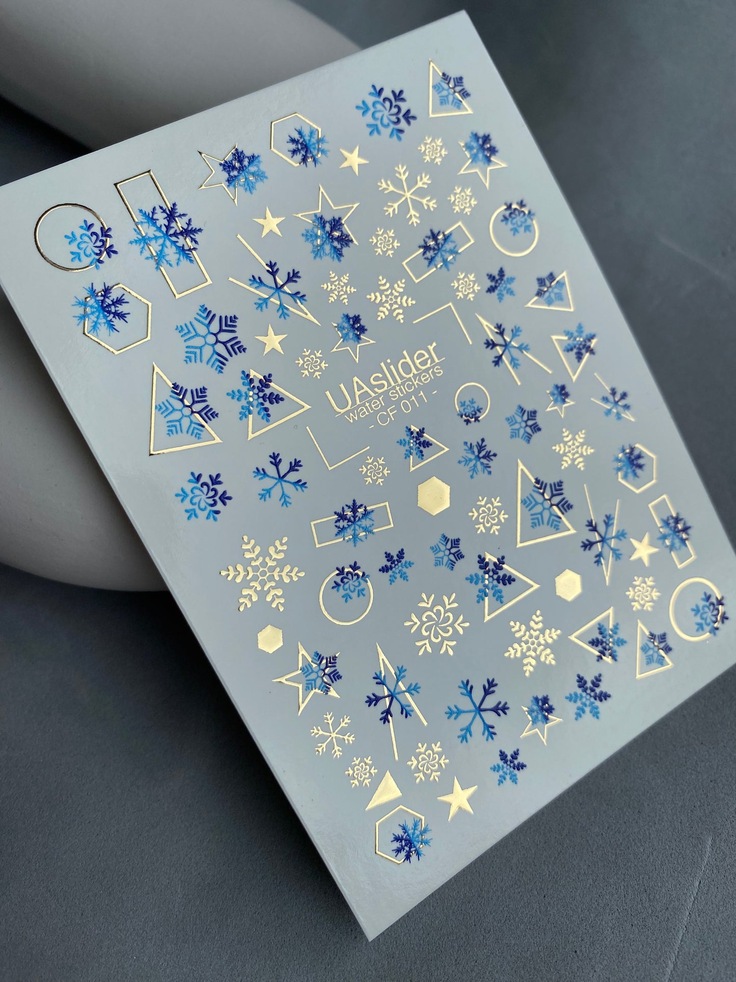Nail Water Decal CF-011 | Winter Water Slide Nail Decals, Blue Snowflakes with Gold Foil Geometric Accents