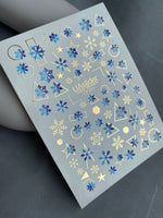 Nail Water Decal CF-011 | Winter Water Slide Nail Decals, Blue Snowflakes with Gold Foil Geometric Accents - UASLIDER