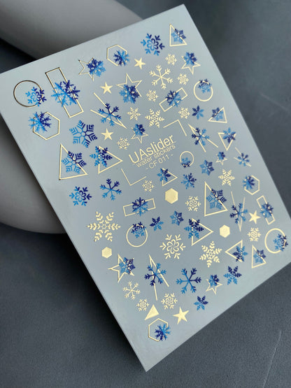 Nail Water Decal CF-011 | Winter Water Slide Nail Decals, Blue Snowflakes with Gold Foil Geometric Accents