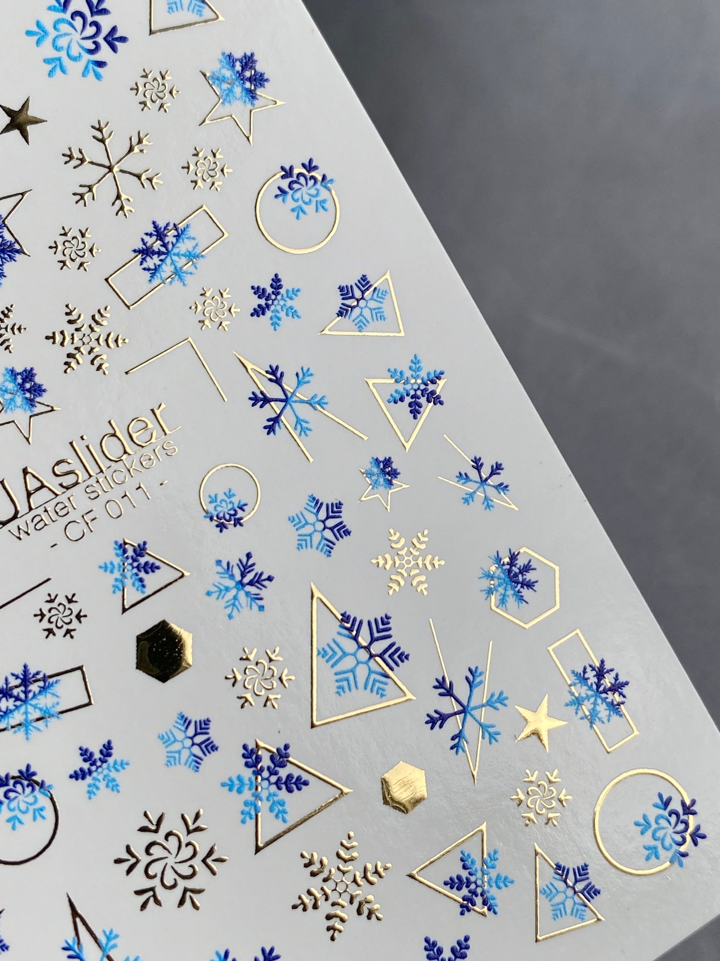 Nail Water Decal CF-011 | Winter Water Slide Nail Decals, Blue Snowflakes with Gold Foil Geometric Accents