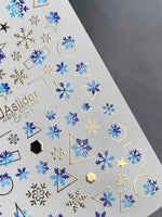 Nail Water Decal CF-011 | Winter Water Slide Nail Decals, Blue Snowflakes with Gold Foil Geometric Accents - UASLIDER