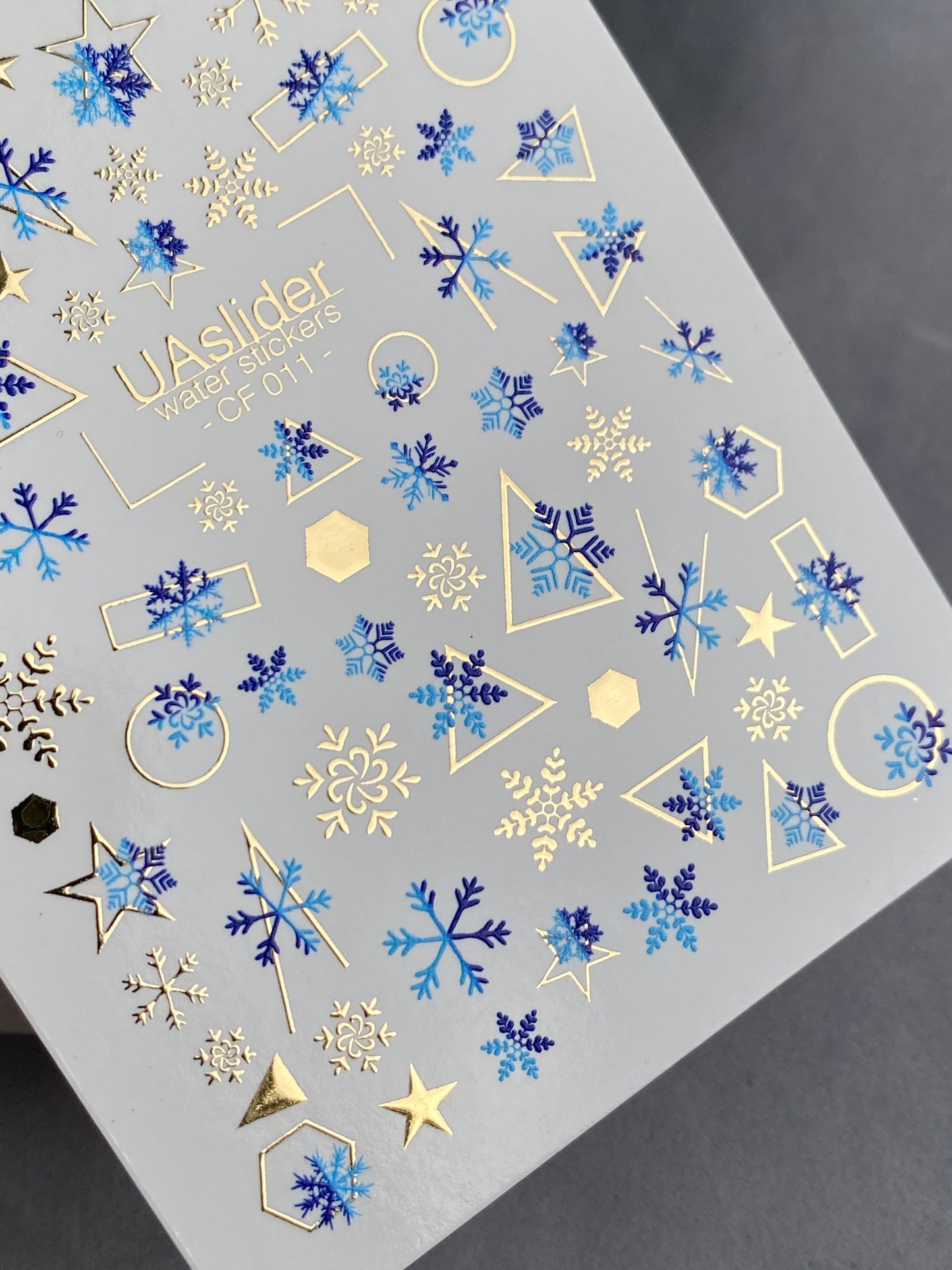 Nail Water Decal CF-011 | Winter Water Slide Nail Decals, Blue Snowflakes with Gold Foil Geometric Accents