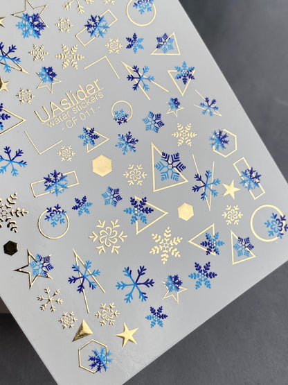 Nail Water Decal CF-011 | Winter Water Slide Nail Decals, Blue Snowflakes with Gold Foil Geometric Accents