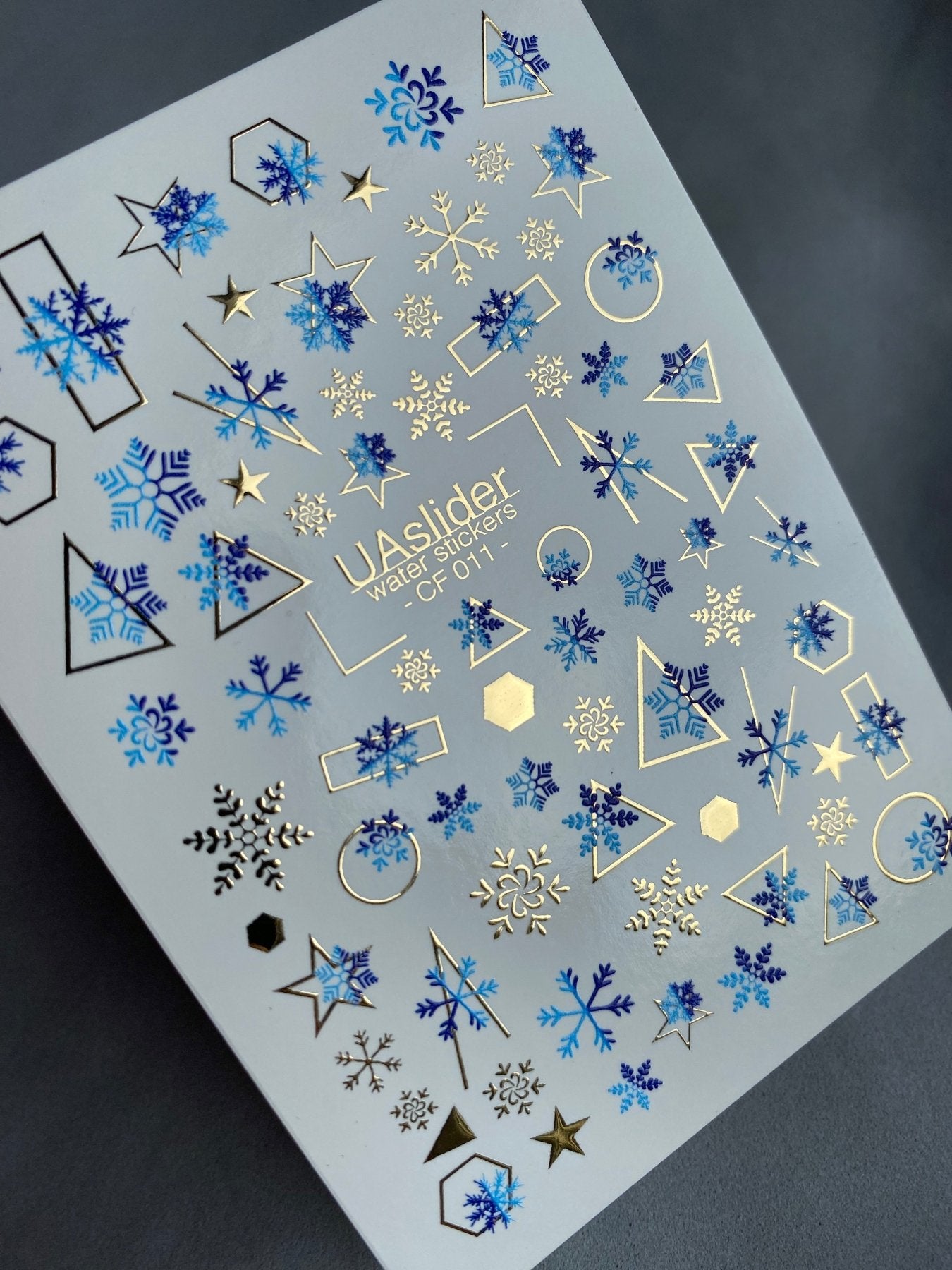 Nail Water Decal CF-011 | Winter Water Slide Nail Decals, Blue Snowflakes with Gold Foil Geometric Accents - UASLIDER