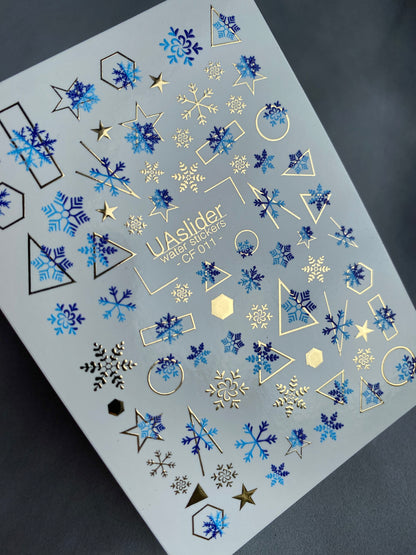 Nail Water Decal CF-011 | Winter Water Slide Nail Decals, Blue Snowflakes with Gold Foil Geometric Accents