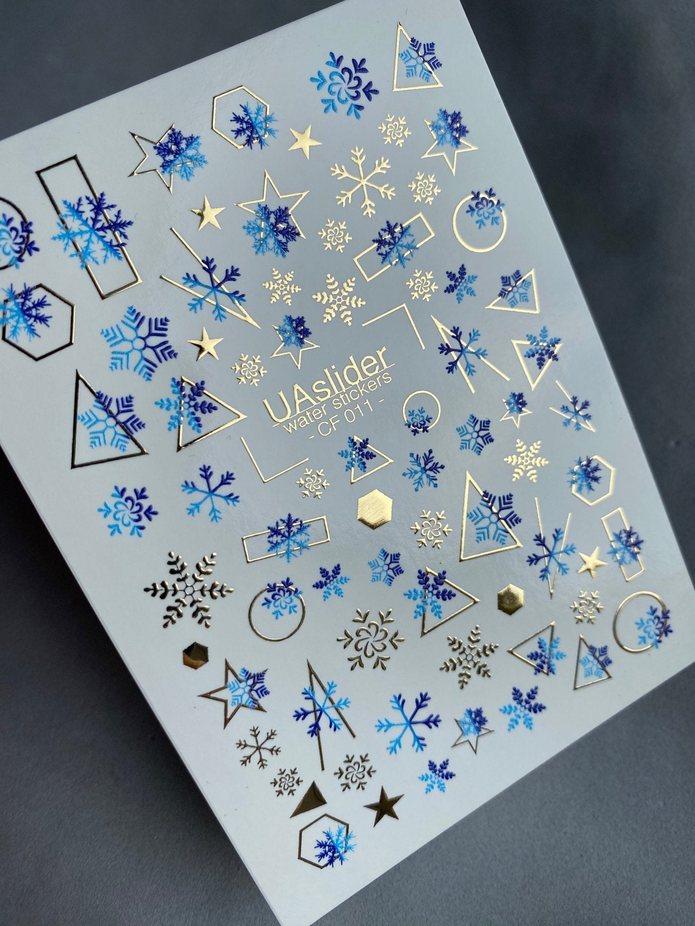 Nail Water Decal CF-011 | Winter Water Slide Nail Decals, Blue Snowflakes with Gold Foil Geometric Accents - UASLIDER