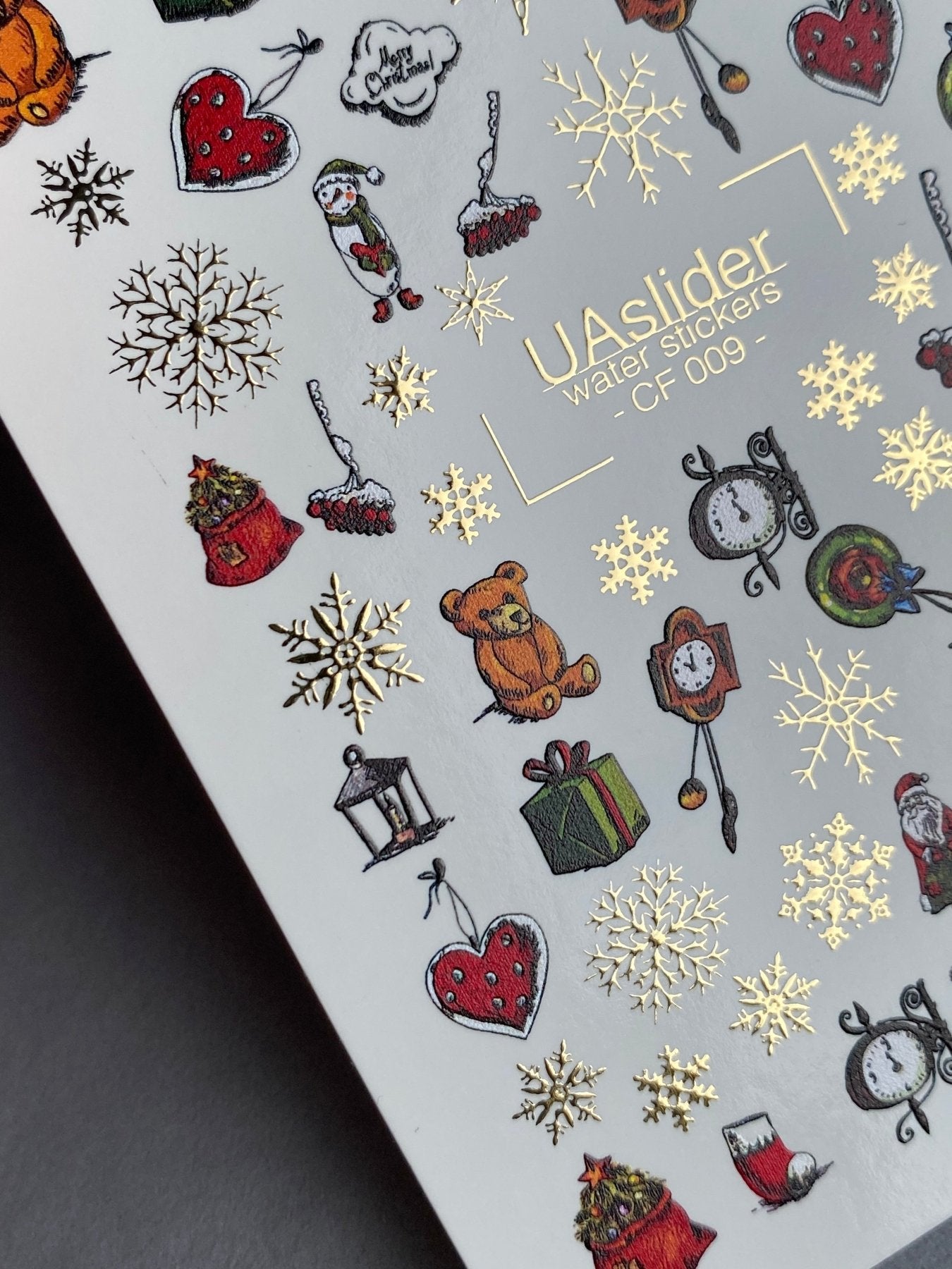 Nail Water Decal CF-009 | Christmas Water Slide Nail Decals, Holiday Toys, Gifts and Gold Foil Snowflakes - UASLIDER