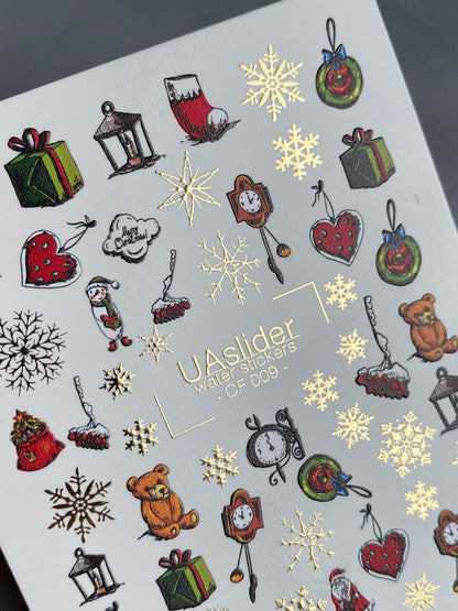 Nail Water Decal CF-009 | Christmas Water Slide Nail Decals, Holiday Toys, Gifts and Gold Foil Snowflakes