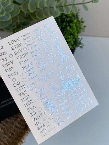 Nail Water Decal Fs-256 | Text Water Slide Nail Decals | Silver Foil Words, Letters & Minimalist Art