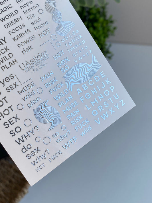 Nail Water Decal Fs-256 | Text Water Slide Nail Decals | Silver Foil Words, Letters & Minimalist Art