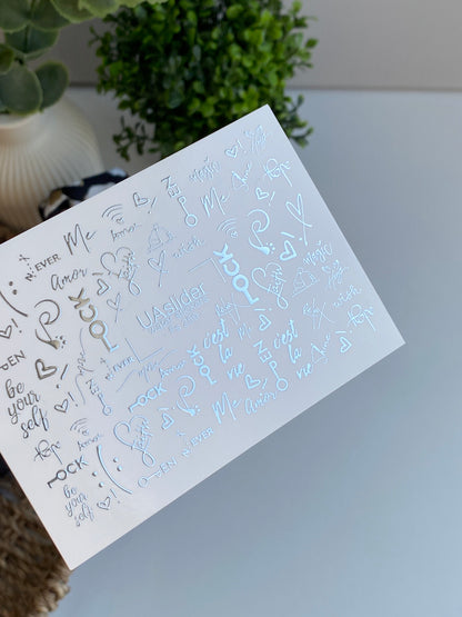 Naklejki na paznokcie wodne Fs-259 | Naklejki do paznokci z napisem do zmywania wodą | Srebrne folie słowa, klucze i serca