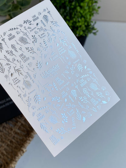 Nail Water Decal Fs-254 | Inspirational Water Slide Nail Decals | Silver Foil Words & Botanical Accents