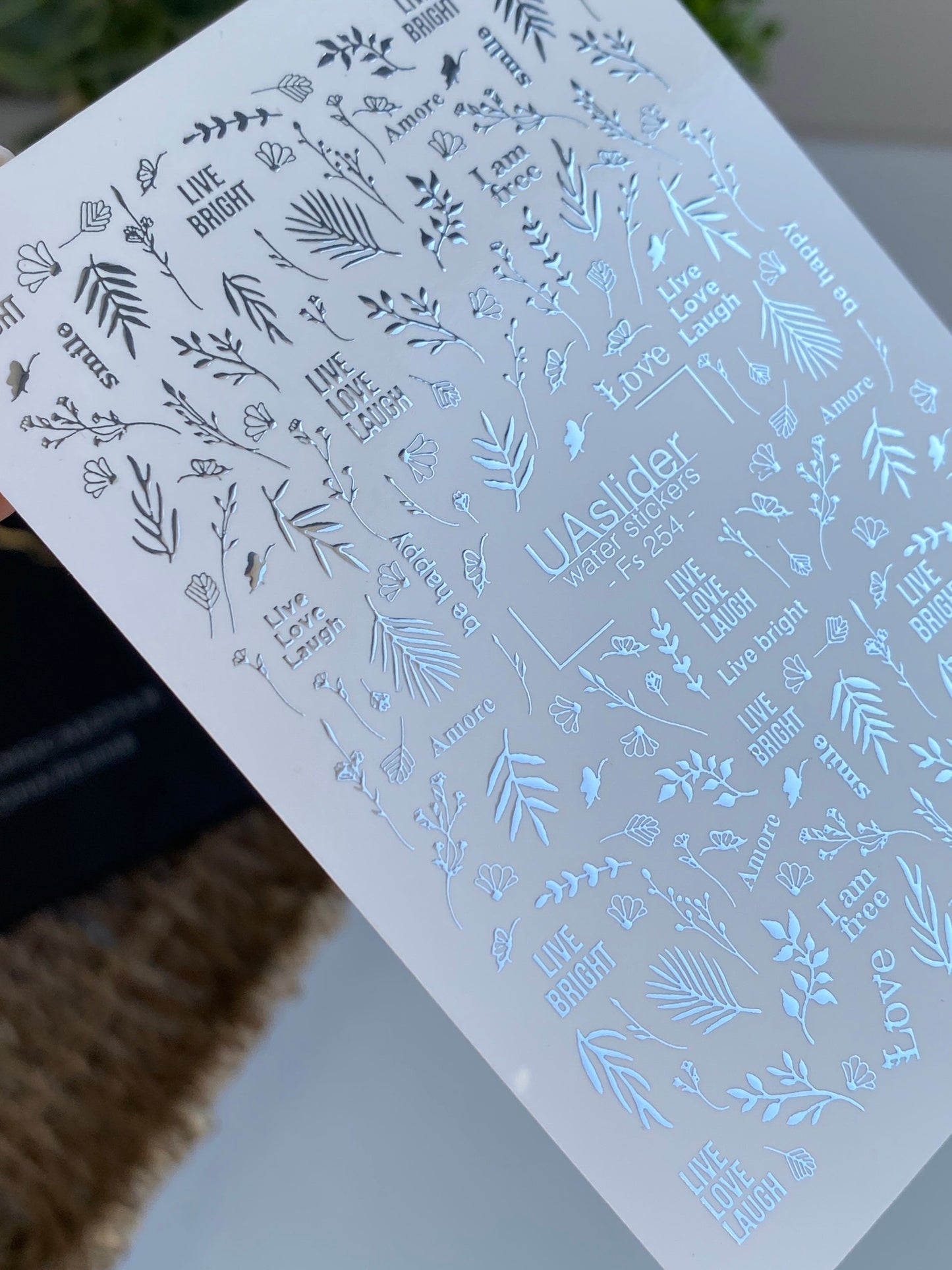 Nail Water Decal Fs-254 | Inspirational Water Slide Nail Decals | Silver Foil Words & Botanical Accents