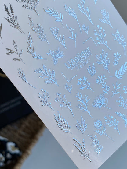 Köröm víz matrica Fs-252 | Botanikai vízcsúsztatós köröm matricák | Ezüst fólia levelek és vadvirágok