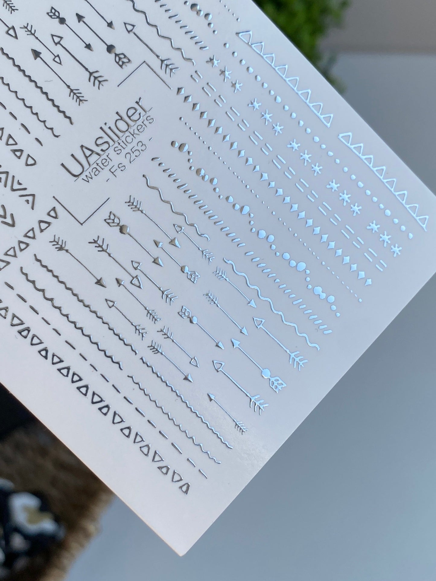 Nail Water Decal Fs-253 | Line Water Slide Nail Decals | Silver Foil Arrows & Geometric Patterns