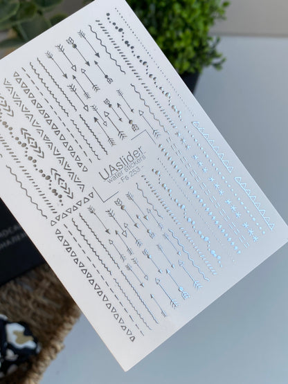 Nail Water Decal Fs-253 | Line Water Slide Nail Decals | Silver Foil Arrows & Geometric Patterns