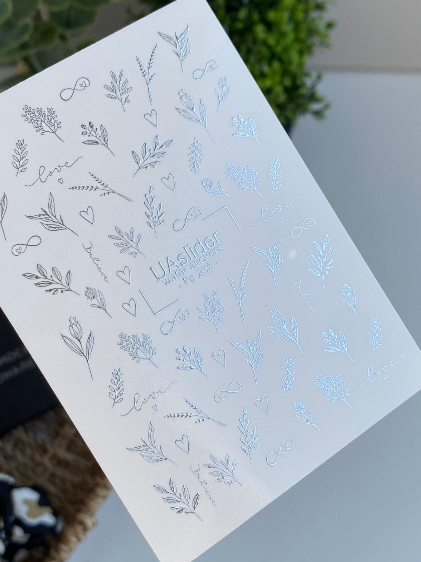Nail Water Decal Fs-255 | Romantic Water Slide Nail Decals | Silver Foil Leaves, Hearts & Words - UASLIDER