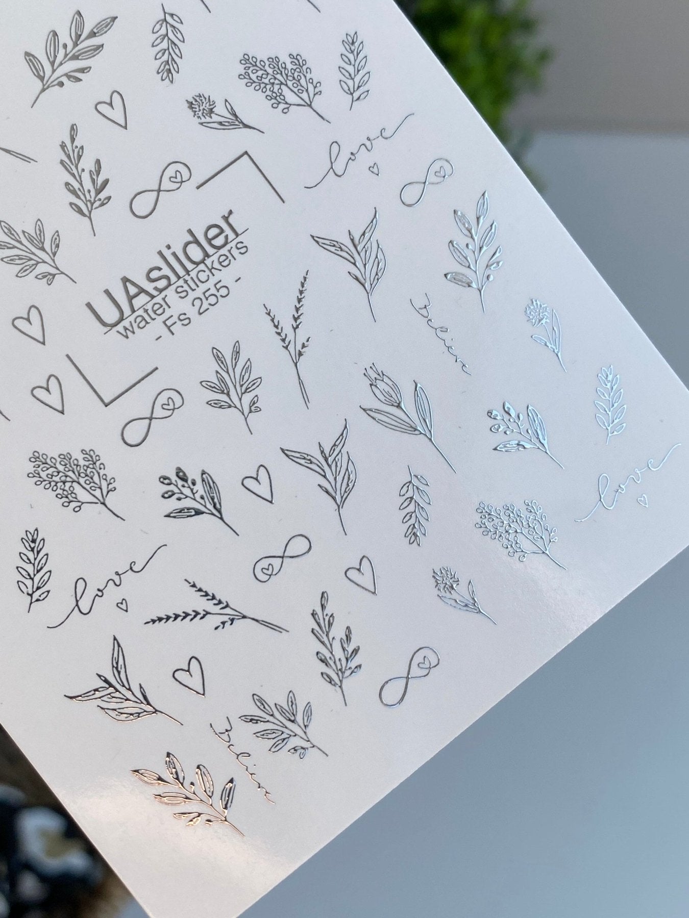 Nail Water Decal Fs-255 | Romantic Water Slide Nail Decals | Silver Foil Leaves, Hearts & Words - UASLIDER